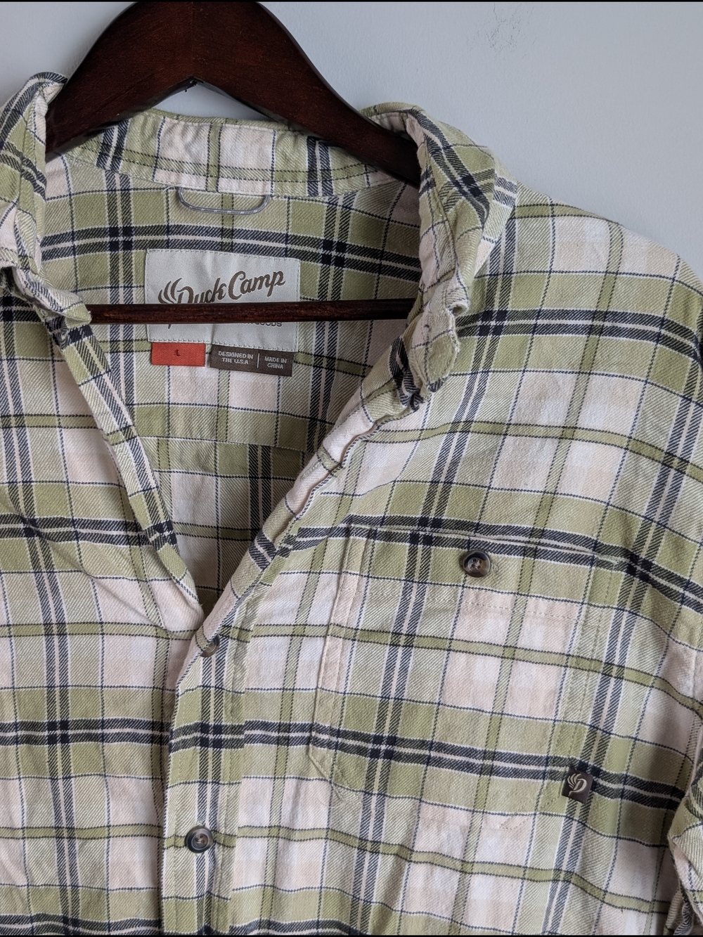 Duck Camp Shirt Mens L Green White Plaid Long Sleeve Button Down Pocket Flannel